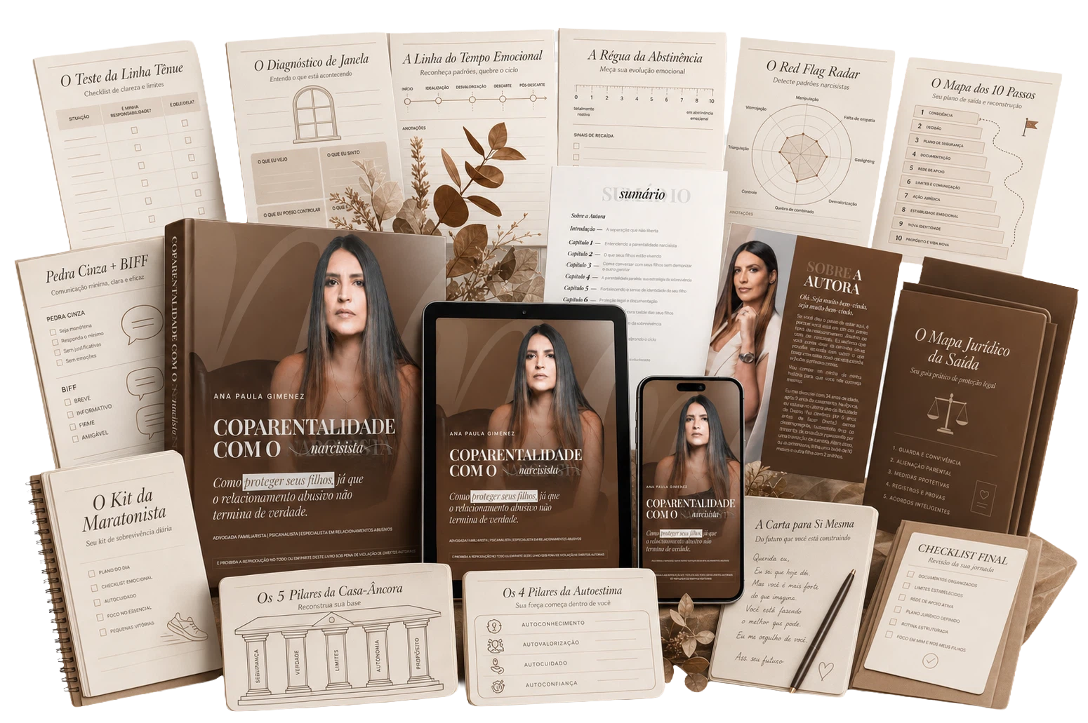 Mockup do Manual de Sobrevivência ao Narcisista com tablet, celular, apostilas e ferramentas práticas para imprimir